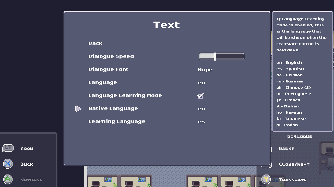 in game menu to enable language learning mode